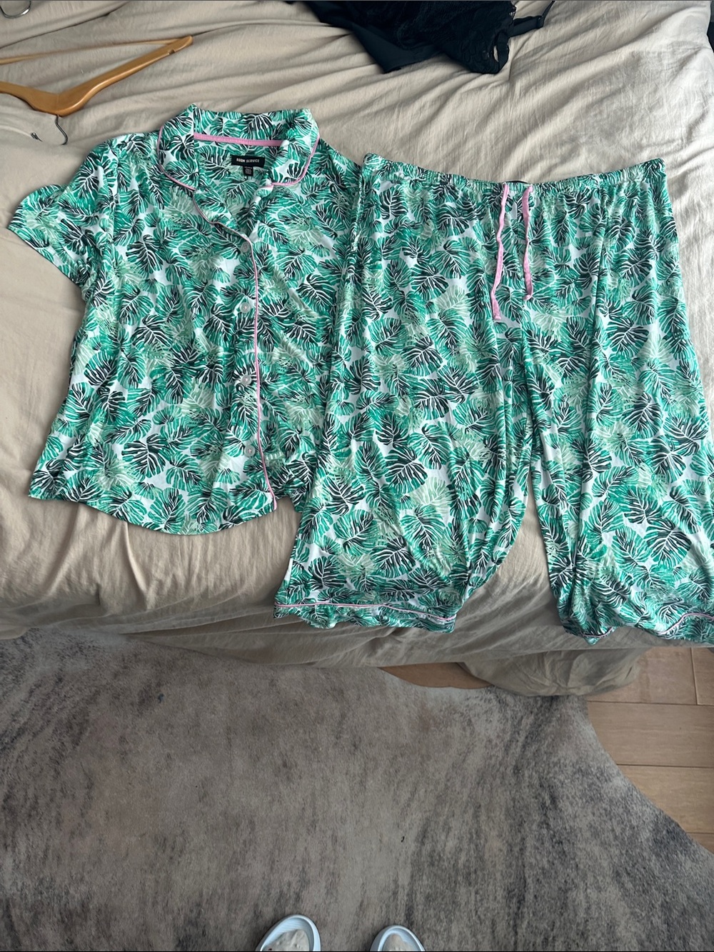 Green Leaf Print Pajama Set with Pink Trim